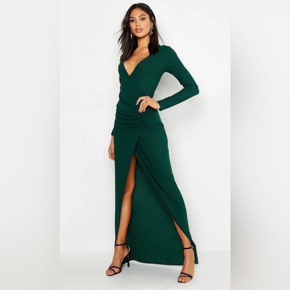 Boohoo Dark Green Long Sleeve High Slit Ruched Side Maxi Dress sz 8 - Picture 1 of 8